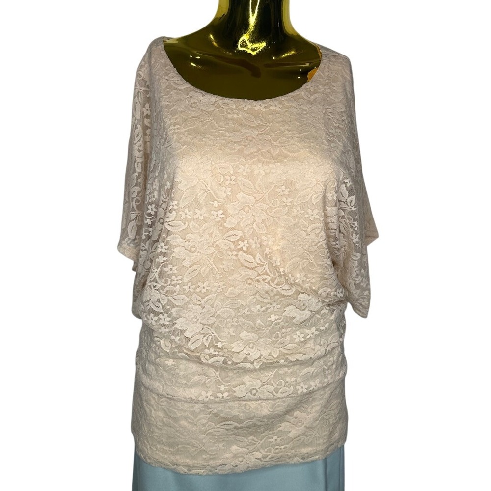 VIntage 90s USA Beige Floral Lace Dolman Sleeve Banded Waist Blouse XL